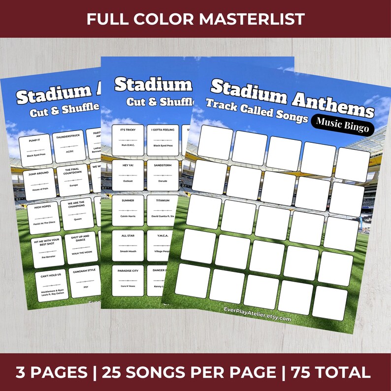 May include: Three sheets of Stadium Anthems Music Bingo cards with a blue sky and stadium background. Each sheet features a grid of song titles and artist names, with the text "Stadium Anthems" and "Track Called Songs" printed at the top.