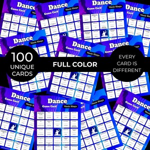 Puede incluir: Un conjunto de tarjetas de juego "Dance Music Bingo" en tonos azules y morados. Cada tarjeta presenta las palabras "Dance Game Card" y "Music Bingo". La imagen tambi&eacute;n muestra el texto "100 tarjetas &uacute;nicas", "A todo color" y "Cada tarjeta es diferente".
