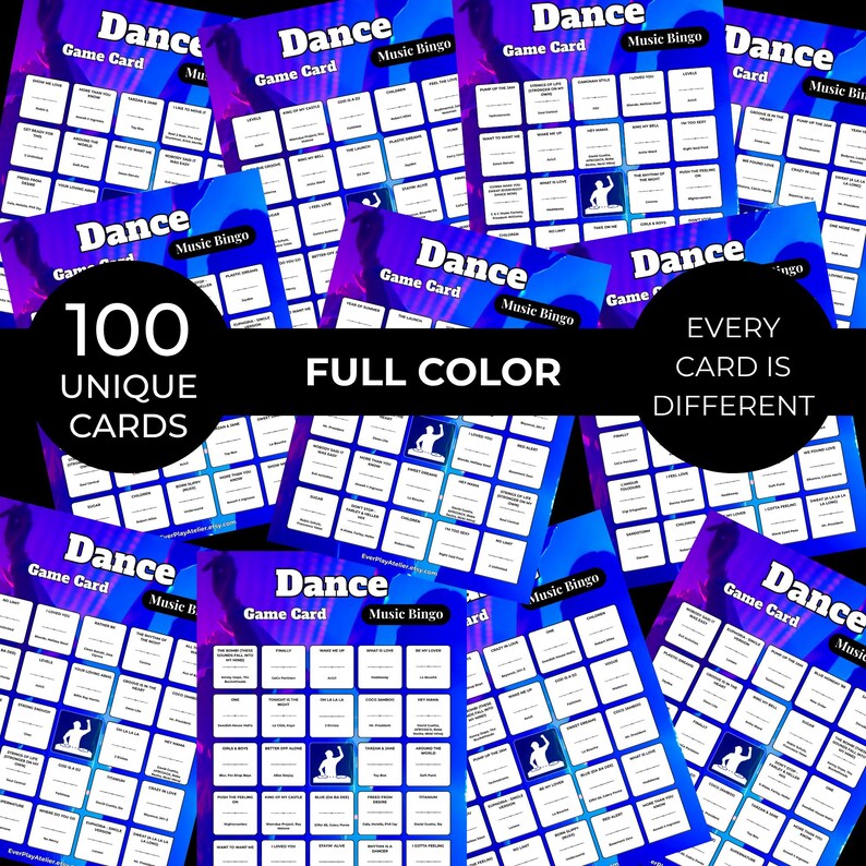 Puede incluir: Un conjunto de tarjetas de juego "Dance Music Bingo" en tonos azules y morados. Cada tarjeta presenta las palabras "Dance Game Card" y "Music Bingo". La imagen tambi&eacute;n muestra el texto "100 tarjetas &uacute;nicas", "A todo color" y "Cada tarjeta es diferente".