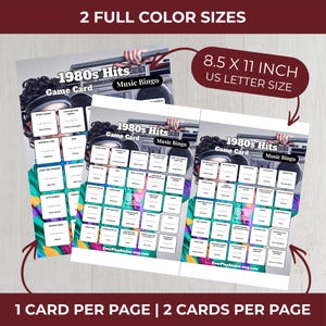 Puede incluir: Dos tarjetas de juego de 21,6 x 27,9 cm con el texto "1980s Hits Music Bingo". Las tarjetas presentan un dise&ntilde;o colorido con t&iacute;tulos de canciones y un gr&aacute;fico de boombox. Tambi&eacute;n se ve el texto "2 FULL COLOR SIZES" y "1 CARD PER PAGE | 2 CARDS PER PAGE".
