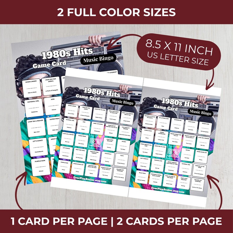 Puede incluir: Dos tarjetas de juego de 21,6 x 27,9 cm con el texto "1980s Hits Music Bingo". Las tarjetas presentan un dise&ntilde;o colorido con t&iacute;tulos de canciones y un gr&aacute;fico de boombox. Tambi&eacute;n se ve el texto "2 FULL COLOR SIZES" y "1 CARD PER PAGE | 2 CARDS PER PAGE".