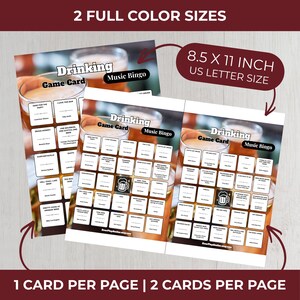 May include: Drinking Game Card and Music Bingo game cards. The cards are printed on 8.5 x 11 inch US Letter size paper. The cards have a beer theme and include the text "Drinking Game Card" and "Music Bingo".