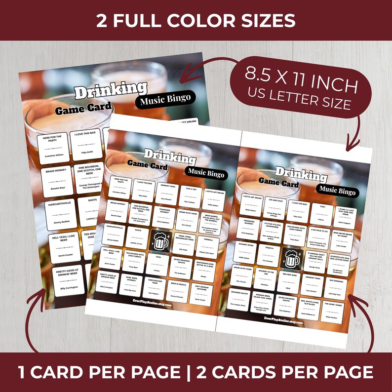 May include: Drinking Game Card and Music Bingo game cards. The cards are printed on 8.5 x 11 inch US Letter size paper. The cards have a beer theme and include the text "Drinking Game Card" and "Music Bingo".