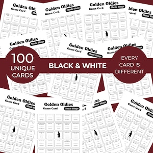 Op de afbeelding: Een verzameling zwart-witte "Golden Oldies Music Bingo" spelkaarten. De kaarten hebben een rasterindeling met songtitels en een silhouet van een persoon. De afbeelding bevat de tekst "100 unieke kaarten" en "Elke kaart is anders."