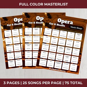 Op de afbeelding: Drie Opera Music Bingo-spellen met een goud-bruin ontwerp. Elke kaart heeft een raster van 25 operatietitels. De tekst "Opera Music Bingo" en "Cut & Shuffle" zijn zichtbaar. De onderkant van de afbeelding luidt "3 PAGES | 25 SONGS PER PAGE | 75 TOTAL".