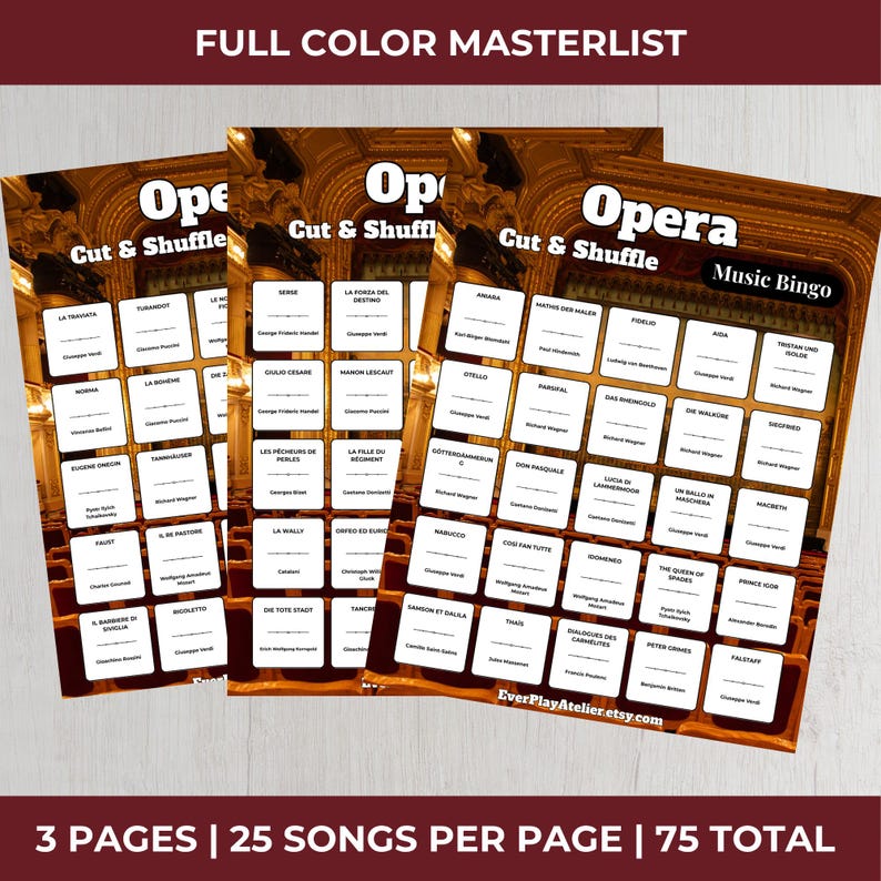 Op de afbeelding: Drie Opera Music Bingo-spellen met een goud-bruin ontwerp. Elke kaart heeft een raster van 25 operatietitels. De tekst "Opera Music Bingo" en "Cut & Shuffle" zijn zichtbaar. De onderkant van de afbeelding luidt "3 PAGES | 25 SONGS PER PAGE | 75 TOTAL".