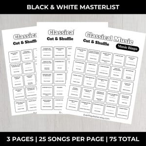 Op de afbeelding: Drie witte pagina's met zwarte tekst, met een "Klassieke Muziek" thema. De pagina's zijn gelabeld "Classical Cut & Shuffle" en "Music Bingo". Elke pagina bevat een raster van songtitels. De tekst "BLACK & WHITE MASTERLIST" staat bovenaan.