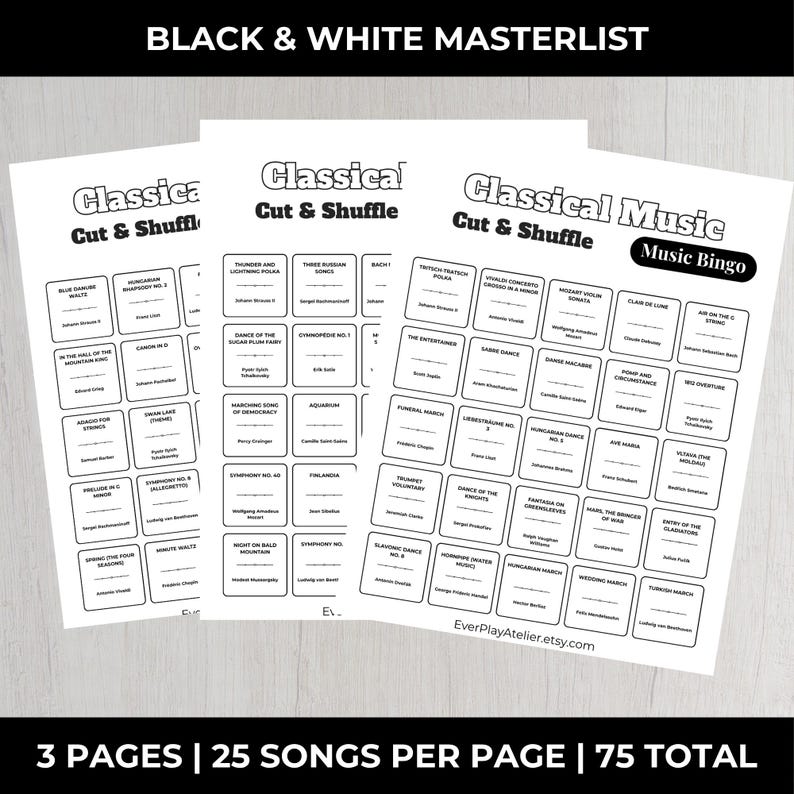 Op de afbeelding: Drie witte pagina's met zwarte tekst, met een "Klassieke Muziek" thema. De pagina's zijn gelabeld "Classical Cut & Shuffle" en "Music Bingo". Elke pagina bevat een raster van songtitels. De tekst "BLACK & WHITE MASTERLIST" staat bovenaan.