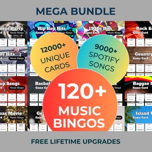 Pode incluir: Imagem promocional para um pacote de jogos de bingo musical. A imagem apresenta v&aacute;rios cart&otilde;es de jogo com temas como "Engagement Party" e "Hip Hop Hits". O texto destaca "MEGA BUNDLE", "12000+ UNIQUE CARDS", "9000+ SPOTIFY SONGS" e "120+ MUSIC BINGOS".