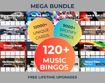 Music Bingo MEGA BUNDLE • 120+ Printable Games • 12000+ Cards • 9000+ Songs • Spotify Playlists Included!