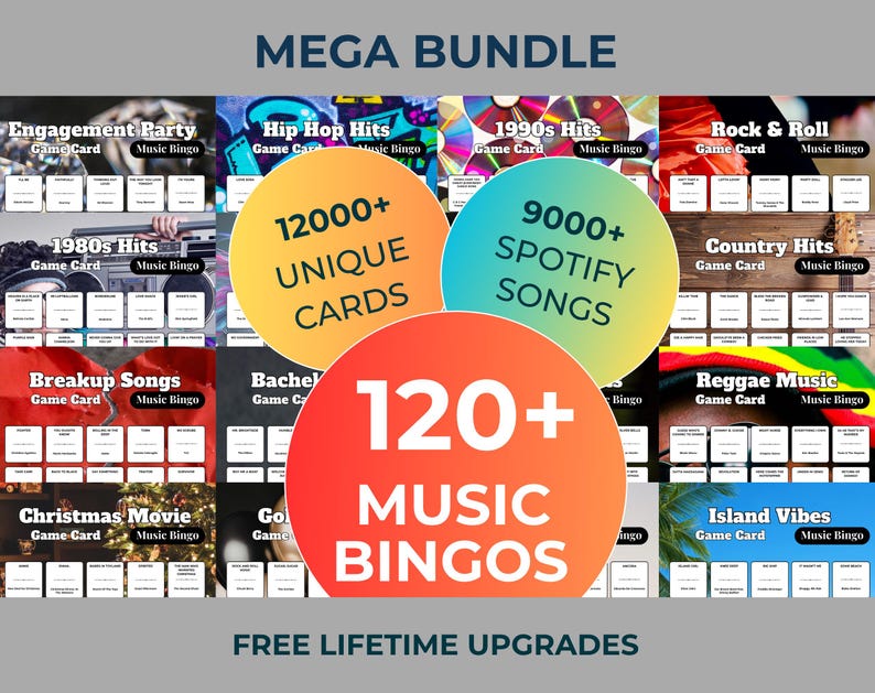Pode incluir: Imagem promocional para um pacote de jogos de bingo musical. A imagem apresenta v&aacute;rios cart&otilde;es de jogo com temas como "Engagement Party" e "Hip Hop Hits". O texto destaca "MEGA BUNDLE", "12000+ UNIQUE CARDS", "9000+ SPOTIFY SONGS" e "120+ MUSIC BINGOS".