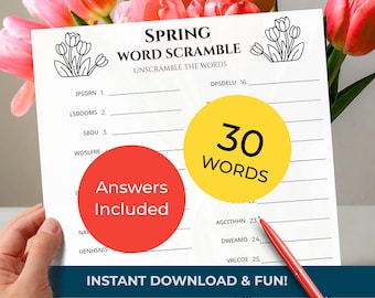 SPRING Word Scramble Game • 30 words • Group Trivia Quiz (included!) • Printable Puzzle (Digital Download)