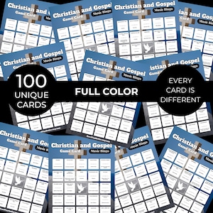May include: A selection of Christian and Gospel Music Bingo game cards. Each card is blue with a grid of squares, featuring song titles and a dove graphic. The image includes text that reads "100 Unique Cards" and "Full Colour."