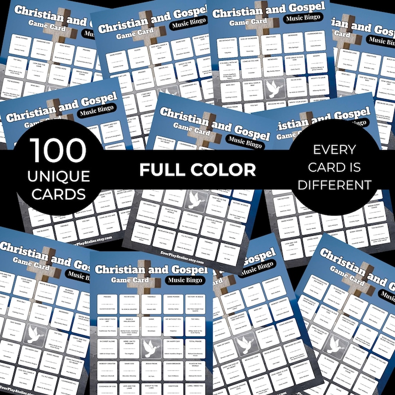 May include: A selection of Christian and Gospel Music Bingo game cards. Each card is blue with a grid of squares, featuring song titles and a dove graphic. The image includes text that reads "100 Unique Cards" and "Full Colour."