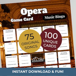 Op de afbeelding: Opera Music Bingo-spelkaart met een theaterachtergrond. De kaart bevat de tekst "Opera Game Card Music Bingo" en bevat 75 originele nummers en 100 unieke kaarten. De onderkant van de kaart luidt "Direct downloaden en plezier!"