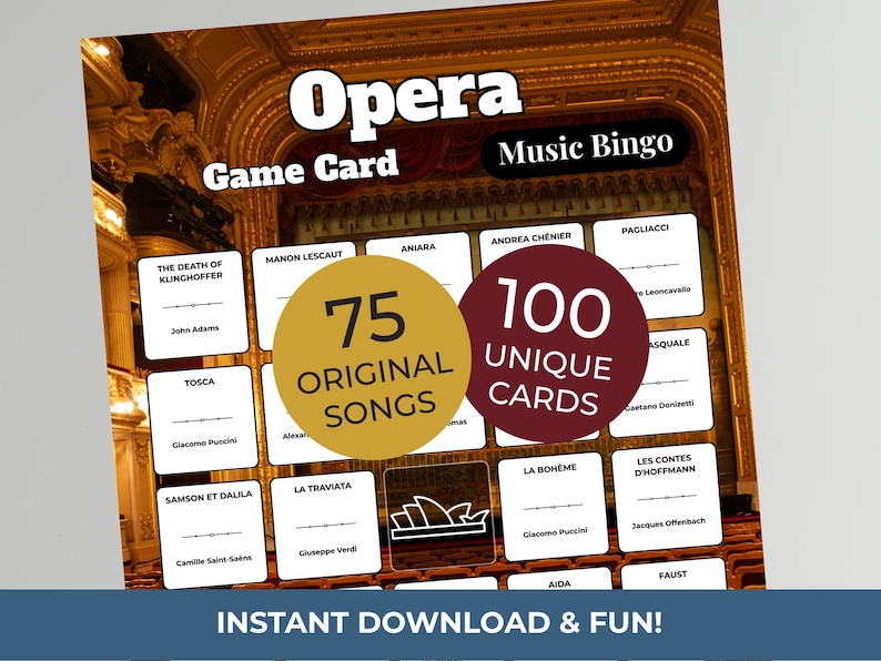 Op de afbeelding: Opera Music Bingo-spelkaart met een theaterachtergrond. De kaart bevat de tekst "Opera Game Card Music Bingo" en bevat 75 originele nummers en 100 unieke kaarten. De onderkant van de kaart luidt "Direct downloaden en plezier!"
