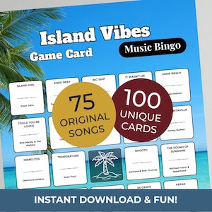 Puede incluir: Tarjeta de juego Island Vibes Music Bingo azul y blanca con 75 canciones originales y 100 cartas &uacute;nicas. La tarjeta presenta una escena de playa tropical y el texto "Instant Download & Fun!"