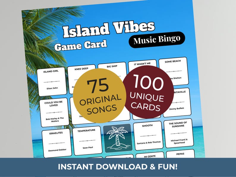 Puede incluir: Tarjeta de juego Island Vibes Music Bingo azul y blanca con 75 canciones originales y 100 cartas &uacute;nicas. La tarjeta presenta una escena de playa tropical y el texto "Instant Download & Fun!"