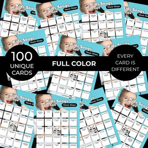Puede incluir: Una colecci&oacute;n de tarjetas de juego "Kids Songs Music Bingo". Cada tarjeta presenta una cuadr&iacute;cula de t&iacute;tulos de canciones e ilustraciones. La imagen incluye el texto "100 tarjetas &uacute;nicas", "A todo color" y "Cada tarjeta es diferente".