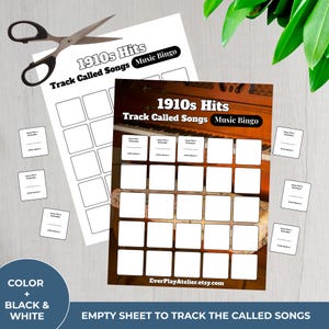 May include: Two sheets of 1910s Hits Music Bingo, one with a piano image and the other blank, with small cards and scissors. The bingo sheets have spaces to track called songs. The text reads "Track Called Songs Music Bingo".