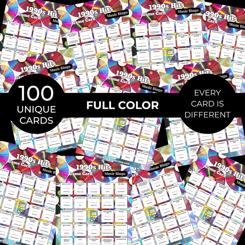 90s Music Bingo Game | 100 Printable Cards | 75 Songs & Spotify Playlist | Digital Products Download image 3