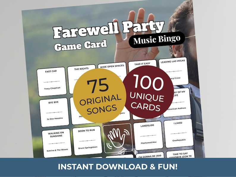 May include: A Farewell Party Music Bingo game card with the text "Farewell Party Game Card Music Bingo". The card features 75 original songs and 100 unique cards. The phrase "Instant Download & Fun!" is also visible.