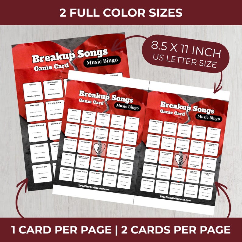 BREAKUP Music Bingo Game • 100 Printable Cards • 75 Songs • Spotify Playlist (included!) • Digital Download image 6