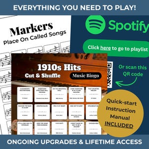 May include: A music bingo game with the title "1910s Hits" and the text "Cut & Shuffle." The image includes a piano, song titles, and a Spotify logo with a QR code. A quick-start instruction manual is included.