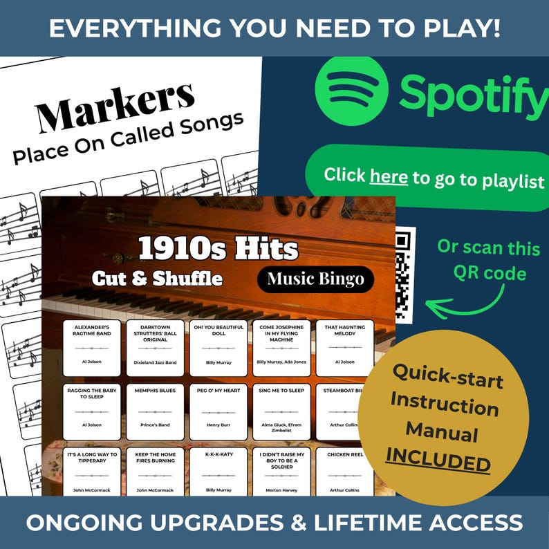 May include: A music bingo game with the title "1910s Hits" and the text "Cut & Shuffle." The image includes a piano, song titles, and a Spotify logo with a QR code. A quick-start instruction manual is included.