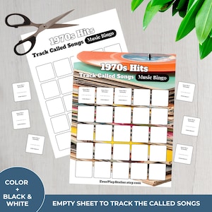 May include: A music bingo game sheet with the text "1970s Hits Track Called Songs Music Bingo." The game sheet is white with blank squares for song titles and artist names. A pair of scissors and small cards are also present.