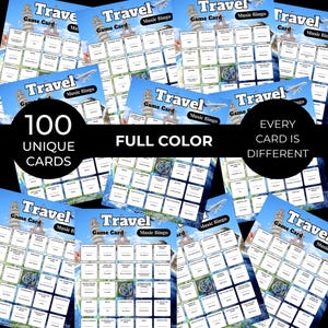 May include: A collection of Travel Music Bingo game cards featuring a blue sky background with the Leaning Tower of Pisa and the Eiffel Tower. Each card includes a grid of song titles, a graphic of an airplane, and the text Travel Game Card.