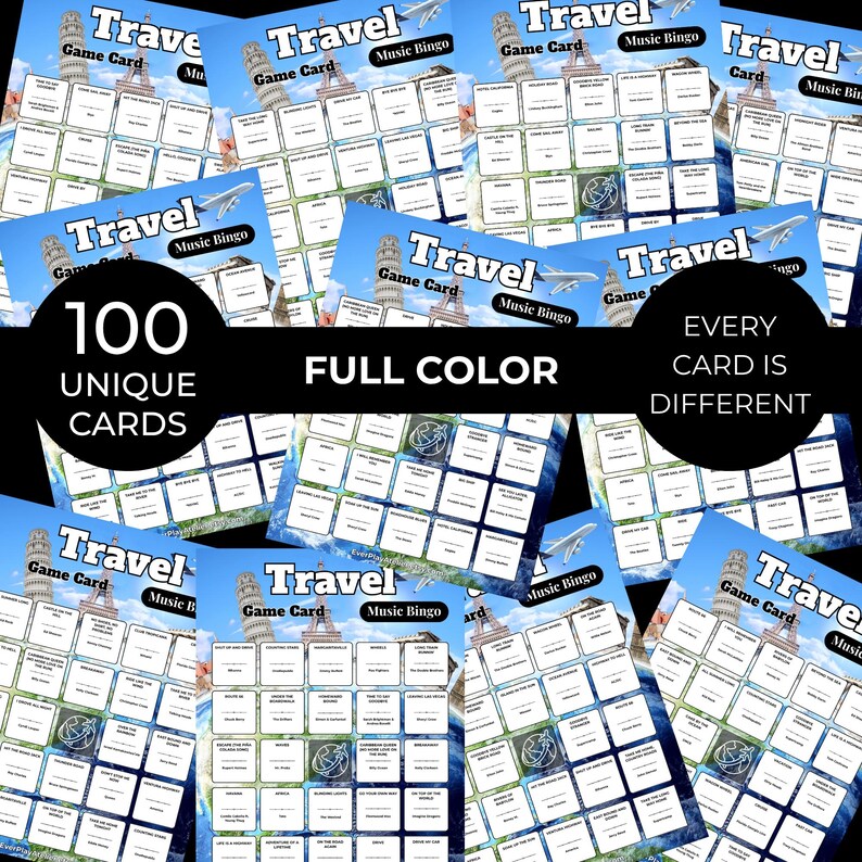 May include: A collection of Travel Music Bingo game cards featuring a blue sky background with the Leaning Tower of Pisa and the Eiffel Tower. Each card includes a grid of song titles, a graphic of an airplane, and the text Travel Game Card.