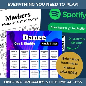 Puede incluir: Un juego tem&aacute;tico musical con una tarjeta "Dance Music Bingo", una hoja de "Markers" y un logotipo de Spotify. El juego incluye un manual de instrucciones de inicio r&aacute;pido. El texto dice "Everything You Need to Play!" y "Ongoing Upgrades & Lifetime Access."