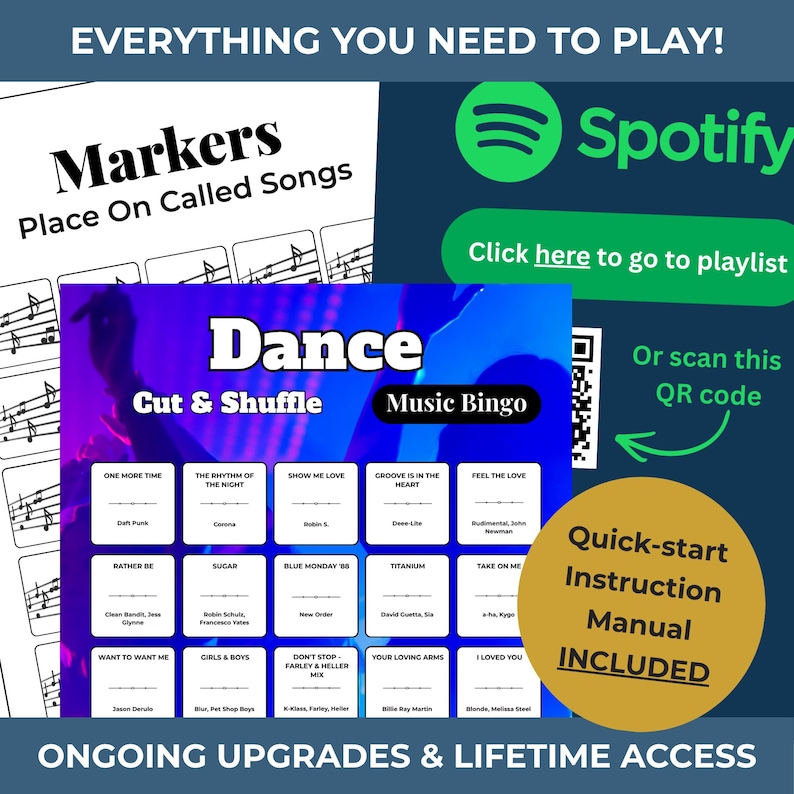 Puede incluir: Un juego tem&aacute;tico musical con una tarjeta "Dance Music Bingo", una hoja de "Markers" y un logotipo de Spotify. El juego incluye un manual de instrucciones de inicio r&aacute;pido. El texto dice "Everything You Need to Play!" y "Ongoing Upgrades & Lifetime Access."