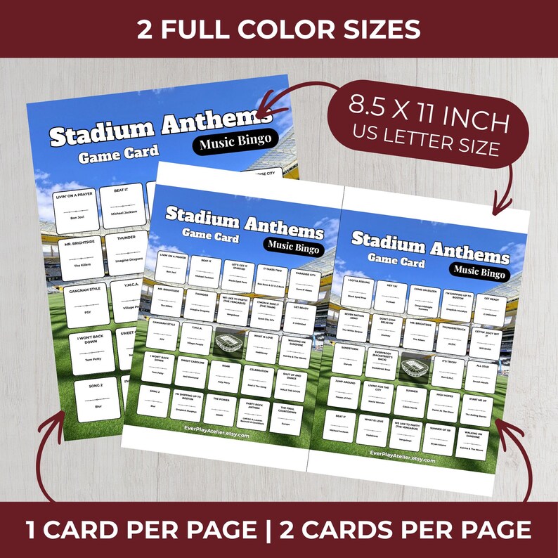 May include: Stadium Anthems Music Bingo game cards featuring a stadium background. The cards are available in 8.5 x 11 inch US letter size, with options for 1 card per page or 2 cards per page. Each card contains a grid of song titles and artists.