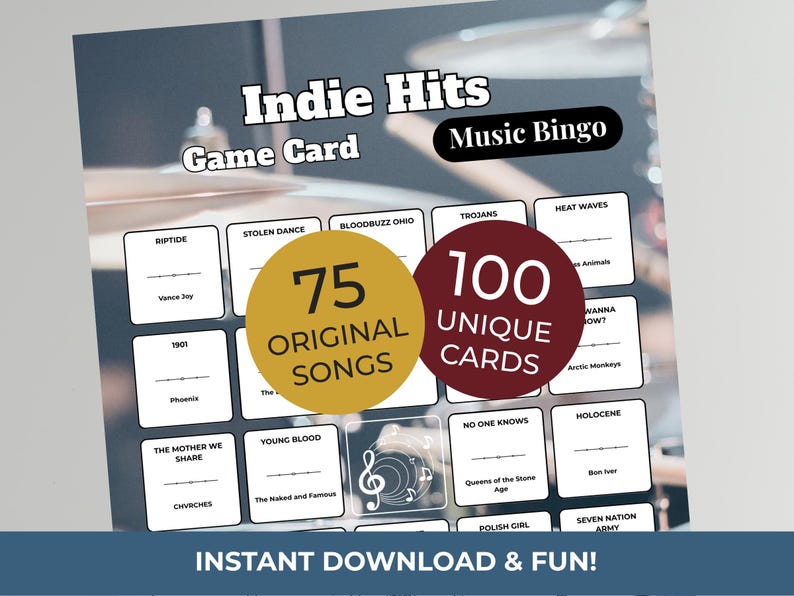 May include: A music bingo game card with the text "Indie Hits" and "Music Bingo." The card features 75 original songs and 100 unique cards. The bottom of the card reads "Instant Download & Fun!"