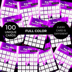 May include: A collection of Pop Hits Music Bingo game cards in shades of purple. The cards feature a grid of squares with song titles and musical notes. Text on the cards includes "Pop Hits," "Game Card," and "Music Bingo." The image also states "100 Unique Cards" and "Every Card is Different."