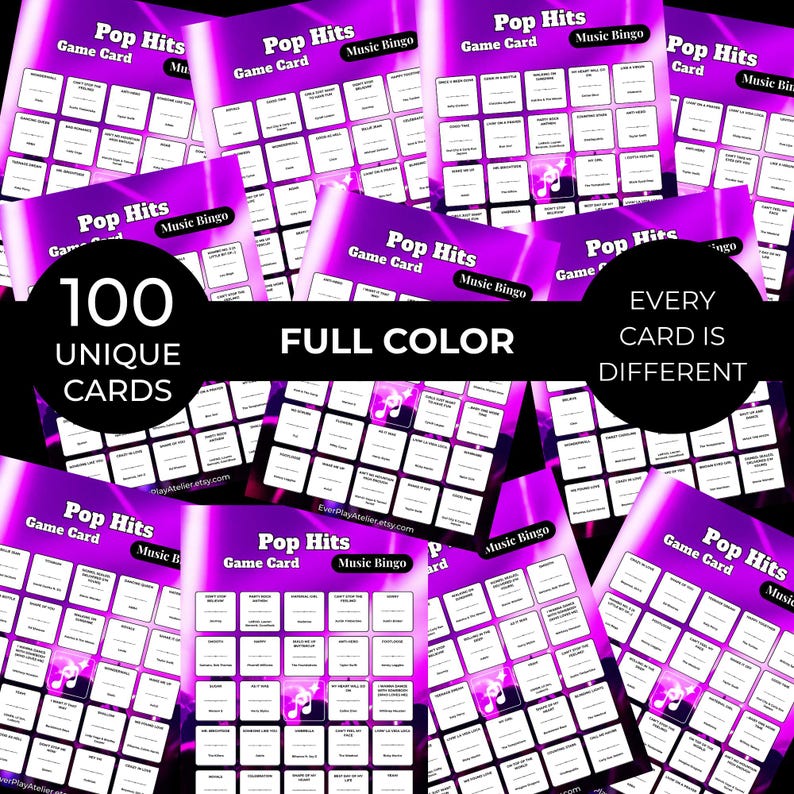 May include: A collection of Pop Hits Music Bingo game cards in shades of purple. The cards feature a grid of squares with song titles and musical notes. Text on the cards includes "Pop Hits," "Game Card," and "Music Bingo." The image also states "100 Unique Cards" and "Every Card is Different."