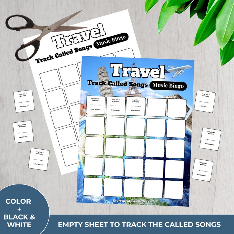 May include: A Travel Music Bingo game set featuring a color sheet with landmarks and a globe, a black and white tracking sheet, and small cards for song titles and artist names. A pair of black scissors rests on the white tracking sheet.