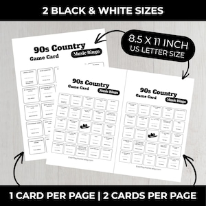 May include: Two white 90s Country Music Bingo game cards. Each card has a grid of song titles and a cowboy hat graphic. The cards are 8.5 x 11 inches, US Letter size. The text "2 BLACK & WHITE SIZES" and "1 CARD PER PAGE | 2 CARDS PER PAGE" are also visible.