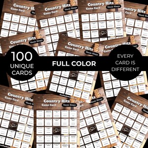 May include: A collection of "Country Hits Music Bingo" game cards. Each card features a wooden background with a grid of squares and a cowboy hat graphic. The text reads "100 Unique Cards" and "Full Color".