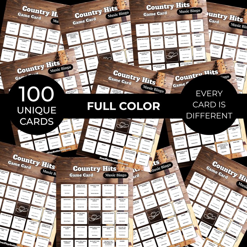 May include: A collection of "Country Hits Music Bingo" game cards. Each card features a wooden background with a grid of squares and a cowboy hat graphic. The text reads "100 Unique Cards" and "Full Color".
