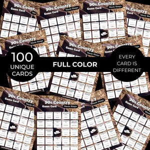 May include: A collection of 90s Country Music Bingo game cards. Each card features a grid of song titles and the text "90s Country Game Card Music Bingo." The image includes the text "100 Unique Cards," "Full Color," and "Every Card is Different."