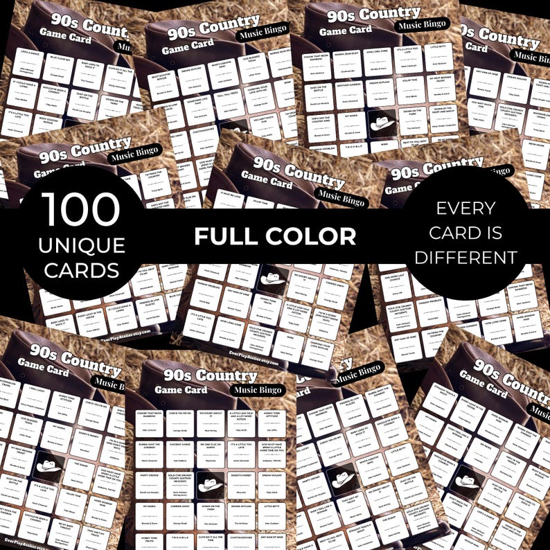 May include: A collection of 90s Country Music Bingo game cards. Each card features a grid of song titles and the text "90s Country Game Card Music Bingo." The image includes the text "100 Unique Cards," "Full Color," and "Every Card is Different."