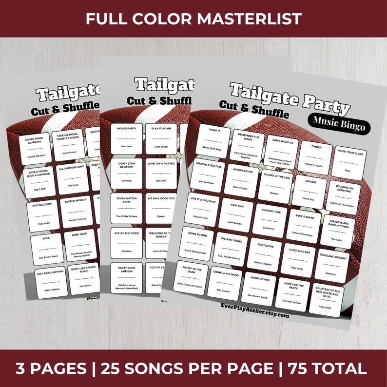 May include: Three pages of Tailgate Party Music Bingo cards. Each card features a football design and includes 25 song titles. The text "Tailgate Cut & Shuffle" is at the top of each card. The text "3 PAGES | 25 SONGS PER PAGE | 75 TOTAL" is at the bottom.