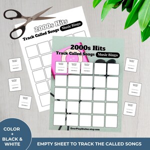 May include: Two "2000s Hits Music Bingo" sheets with blank squares for tracking songs. The sheets are white and green, with the text "Track Called Songs" and "Music Bingo". A pair of scissors and small song title cards are also present.