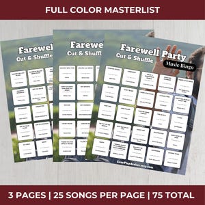 May include: Three printed sheets of "Farewell Party Music Bingo" with song titles. Each sheet has a green and white background with the text "Farewell Cut & Shuffle". The text "Full Color Masterlist" is at the top.
