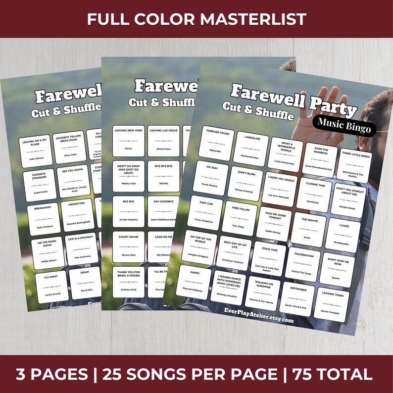 May include: Three printed sheets of "Farewell Party Music Bingo" with song titles. Each sheet has a green and white background with the text "Farewell Cut & Shuffle". The text "Full Color Masterlist" is at the top.