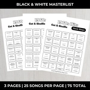 May include: Three black and white music bingo sheets with song titles from the 1960s. The text "1960s Hits Music Bingo" is visible. The sheets are labeled "Cut & Shuffle" and include song titles like "White Rabbit" and "Stand By Me".