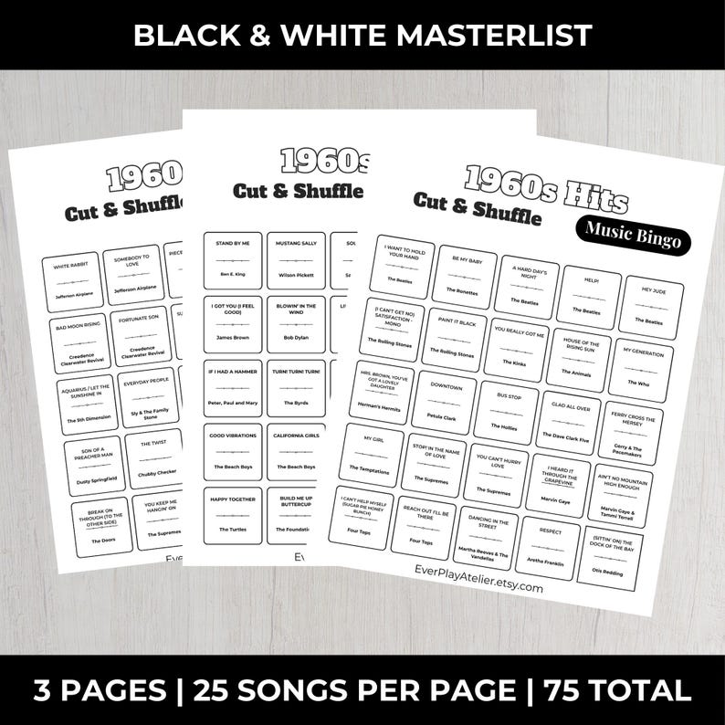 May include: Three black and white music bingo sheets with song titles from the 1960s. The text "1960s Hits Music Bingo" is visible. The sheets are labeled "Cut & Shuffle" and include song titles like "White Rabbit" and "Stand By Me".
